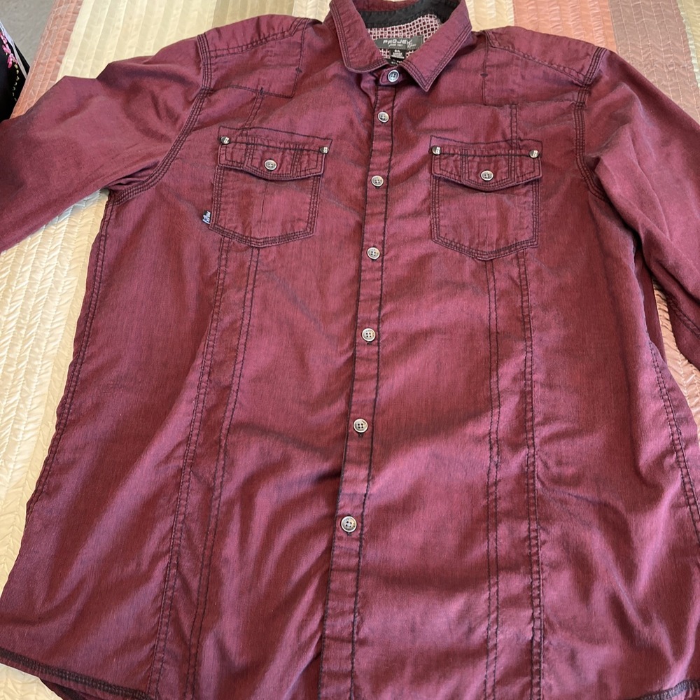 Projeck Raw Cut & Sew Button Up Shirt Mens L Burgundy Wine Long Sleeve Casual